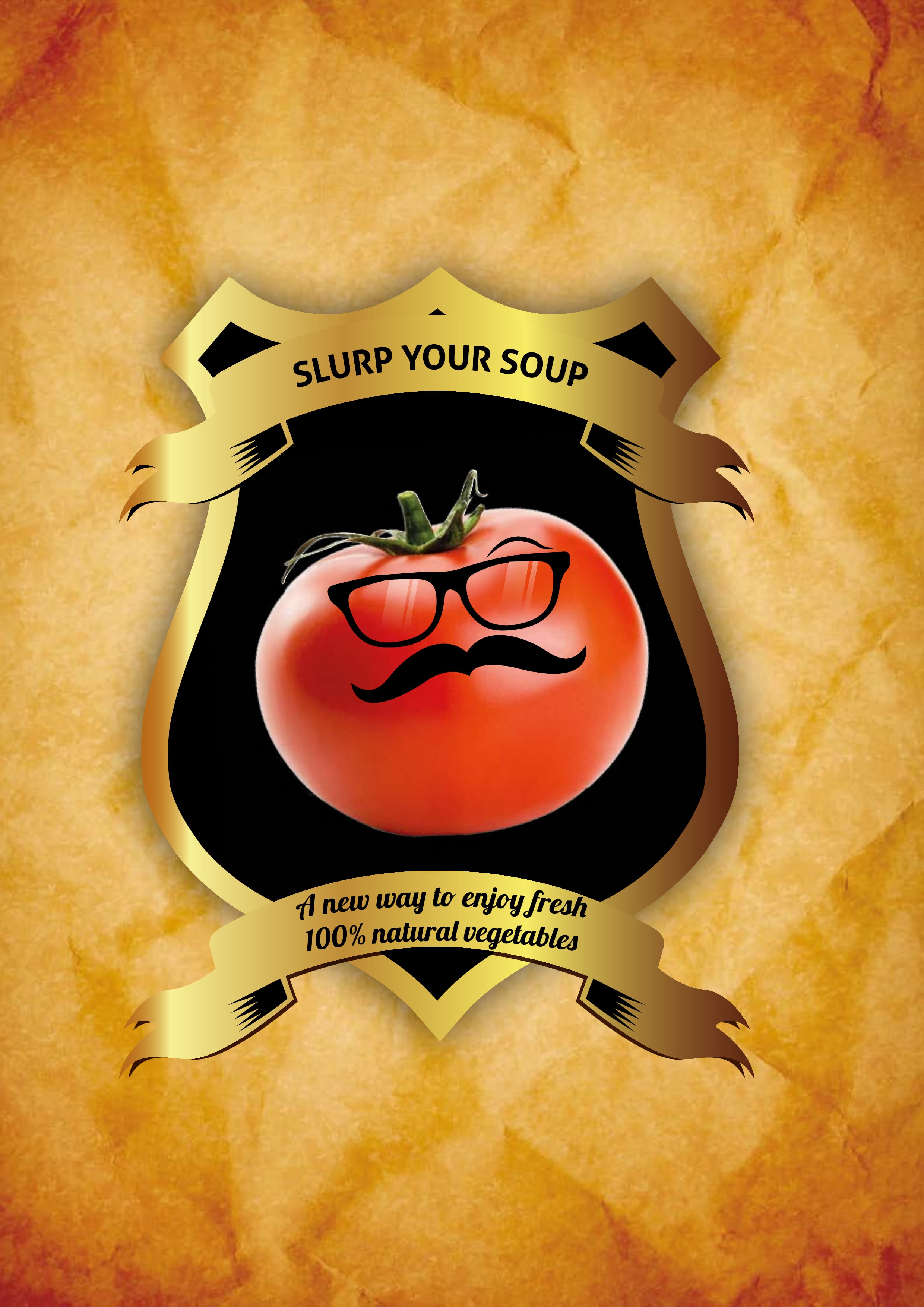 Slurp Your Soup — a tomato in a heraldic shield on raw, unbleached ecological cardboard (promotional folder, design by Chris Rocket, London 2012)